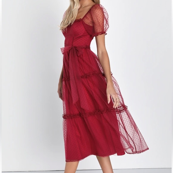 Magnetic Presence Red Wine Swiss Dot Puff Sleeve Midi Dress - Picture 1 of 3